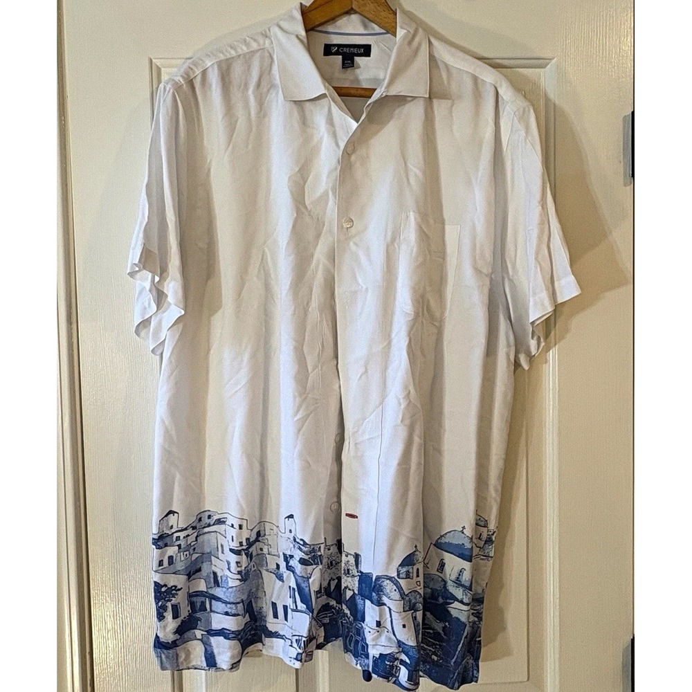 Cremieux Mens 2XL Cotton Modal Short Sleeve Button Up Shirt White Blue City